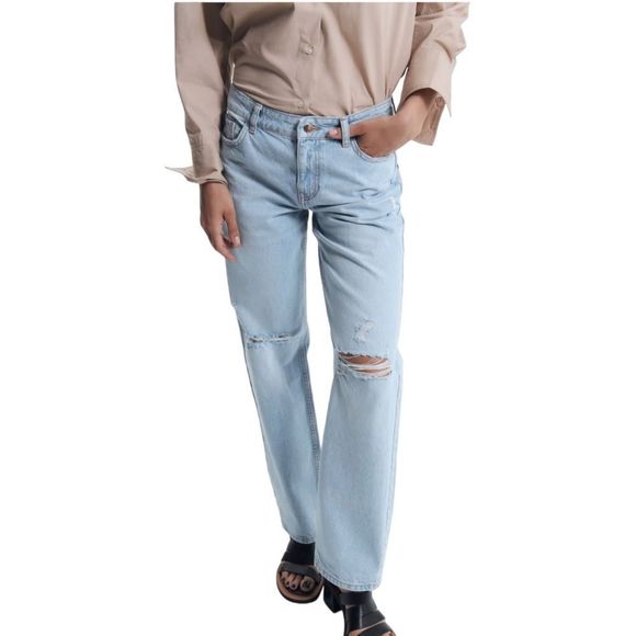 ZARA | Light Blue | RIPPED MID-RISE Z1975 STRAIGHT LEG JEANS - Picture 5 of 11
